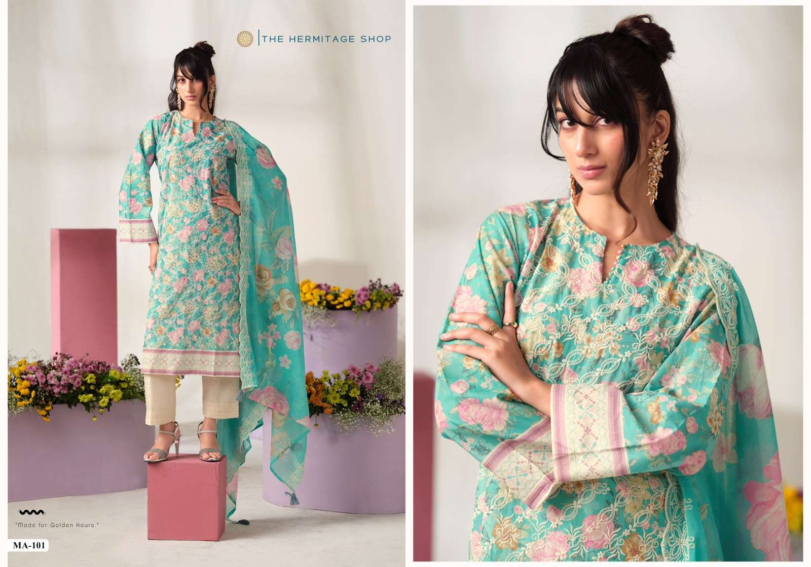 THE HERMITAGE SHOP MAL MAL FIZA LAWN COTTON DELICATE THREE PIECE KURTA SETS CLOTHING HOUSE
